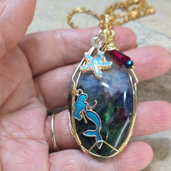 Wirewrapped Multi Color Agate Stone Mermaid Pendant Necklace - Picture 6 of 9
